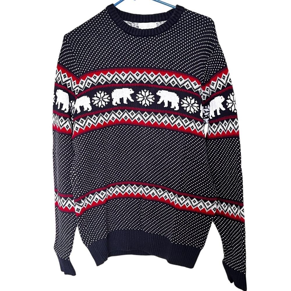 Aspen Navy Blue Polar Bear Nordic Fair Isle cotton Sweater size large